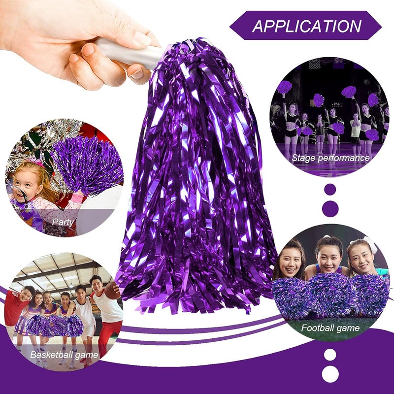 DILIBRA 24 Pcs Metallic Cheerleading Pom Poms for Kids, Cheerleaders Cheer Pom Poms with Baton Handle, Cheering Squad Hand Flower for Adults Team Spirit Sports Game Dancing Party - Image 3